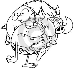Outlined CaveWoman Cartoon Character Carrying Boar