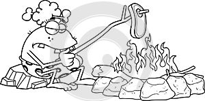 Outlined CaveWoman Cartoon Character Cooking Meat On Stick