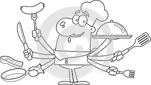 Outlined Chef Man Cartoon Character Multitasking At Kitchen