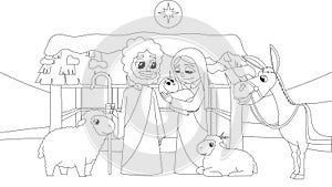 Outlined A Christmas Nativity Scene With Baby Jesus, Mary, Joseph, And Animals