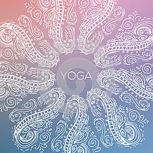 Outlined circular geometric symmetrical ornament over colorful blurred background Yoga