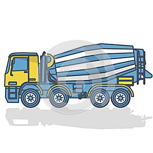 Outlined concrete mixer on white. Blue yellow construction machinery and ground works