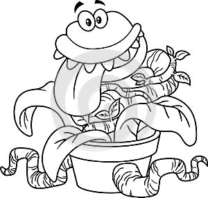 Outlined Crazy Evil Carnivorous Plant Cartoon Character