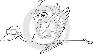 Outlined Cute Baby Girl Flying On Top Of A Stork Cartoon Characters