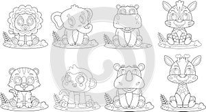 Outlined Cute Baby Safari Animal Cartoon Characters. Vector Hand Drawn Collection Set