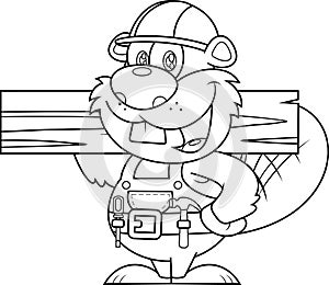 Outlined Cute Beaver Carpenter Cartoon Character Holding Wood Plank