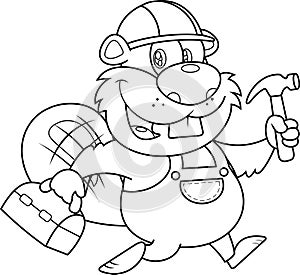 Outlined Cute Beaver Cartoon Character Construction Worker Running Tool Box And Hammer