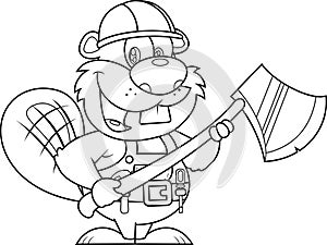 Outlined Cute Beaver Cartoon Character Wearing A Helmet Holding An Axe