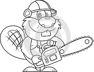 Outlined Cute Beaver Cartoon Character Wearing A Helmet Using A Chainsaw