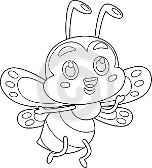 Outlined Cute Bee Cartoon Character Waving For Greeting