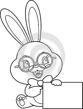 Outlined Cute Bunny Rabbit Cartoon Character Pointing To A Blank Sign