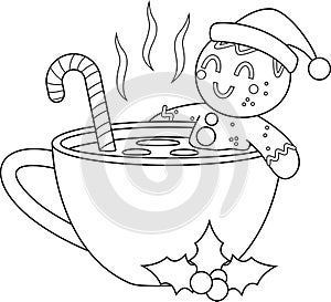 Outlined Cute Christmas Gingerbread Man Cartoon Character In A Cup Of Hot Chocolate