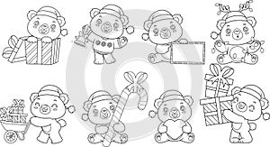 Outlined Cute Christmas Teddy Bear Cartoon Character. Vector Hand Drawn Collection Set