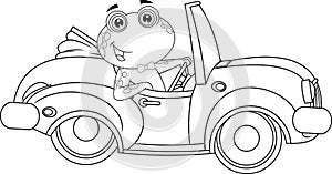 Outlined Cute Frog Cartoon Character Drives A Red Sports Car