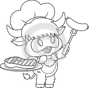 Outlined Cute Highland Cow Chef Cartoon Character Holding A Platter With Grilled Steak And Sausage