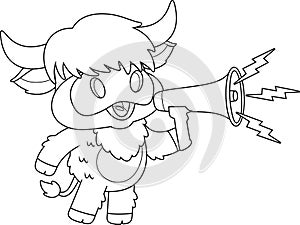 Outlined Cute Highland Cow Farmer Cartoon Character Screaming Into Megaphone