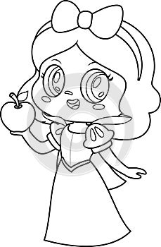 Outlined Cute Little Princess Girl Cartoon Character Holding A Apple
