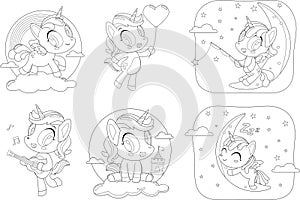 Outlined Cute Magical Baby Unicorn Cartoon Characters. Vector Flat Design Collection Set