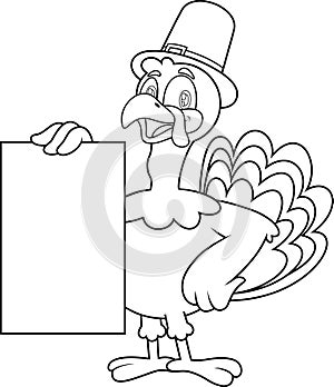 Outlined Cute Pilgrim Turkey Cartoon Character Holding A Blank Sign