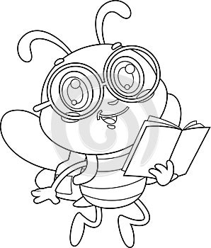 Outlined Cute School Bee Cartoon Character Flying With Backpack And Notebook