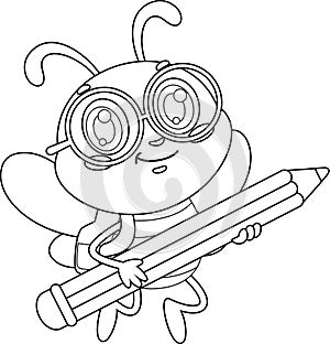 Outlined Cute School Bee Cartoon Character Flying With Backpack And Pencil