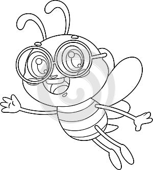 Outlined Cute School Bee Cartoon Character Flying And Waving For Greeting