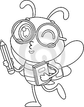 Outlined Cute School Bee Cartoon Character Going To School With Backpack And Pencil
