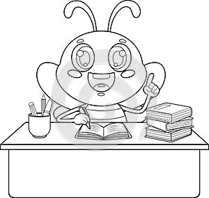 Outlined Cute School Bee Cartoon Character Sitting At A Desk And Writing In A Notebook