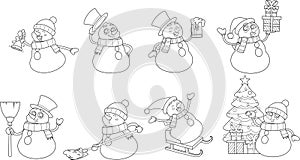 Outlined Cute Snowman Cartoon Characters. Vector Hand Drawn Collection Set