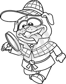 Outlined Detective Pug Dog Cartoon Character Looking For Items With A Magnifying Glass