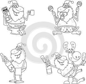 Outlined Drunk Naked Santa Claus And Reindeer Cartoon Characters. Vector Hand Drawn Collection Set