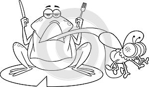Outlined Frog Cartoon Character On A Leaf Catching Fly