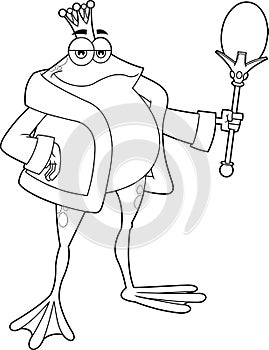 Outlined Frog Prince With Crown Cartoon Character Holding Scepter