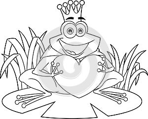 Outlined Frog Prince With Gold Crown Cartoon Character Holding A Love Heart