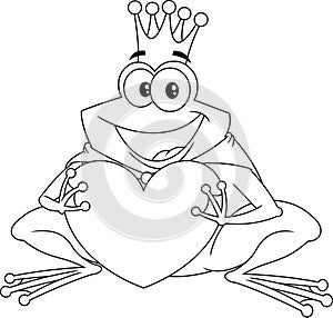 Outlined Frog Prince With Gold Crown Cartoon Character Holding A Love Heart