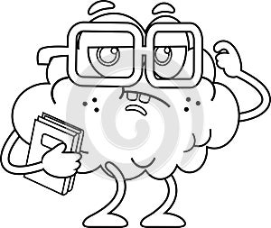 Outlined Funny Brain Cartoon Character Holding A TextBooks And Thinks photo