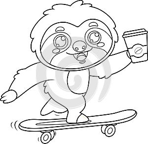 Outlined Funny Cute Sloth Cartoon Character Skateboarding With Coffee