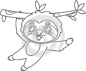 Outlined Funny Cute Sloth Cartoon Character Waving For Greeting