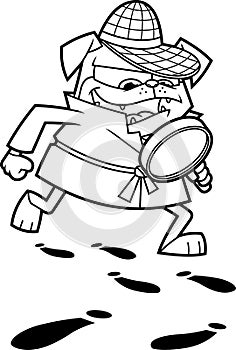 Outlined Funny Detective Pug Dog Cartoon Character With Magnifying Glass Following A Clues