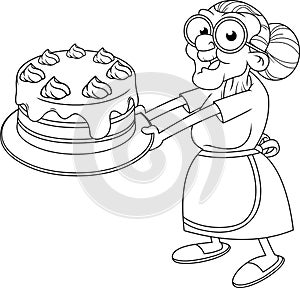 Outlined Funny Grandma Cartoon Character With Homemade Cake