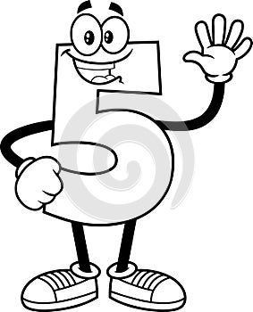 Outlined Funny Number Five 5 Cartoon Character Showing Hand Number Five