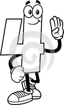 Outlined Funny Number Four 4 Cartoon Character Showing Hand Number Four