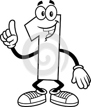 Outlined Funny Number One 1 Cartoon Character Showing Hand Number One