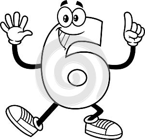 Outlined Funny Number Six 6 Cartoon Character Showing Hands Number Six