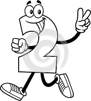 Outlined Funny Number Two 2 Cartoon Character Showing Hand Number Two