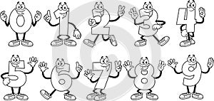 Outlined Funny Numbers Cartoon Characters. Vector Collection Set