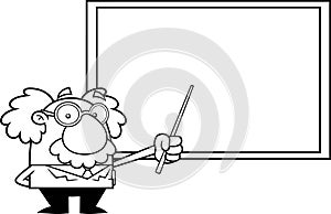 Outlined Funny Science Professor Cartoon Character Holding A Pointer Stick To A Chalkboard