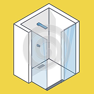 Outlined glass shower enclosure. Blue yellow modern bathroom. Vector barier free shower in isometric perspective