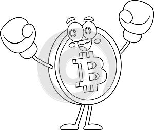 Outlined Happy Bitcoin Cartoon Character Boxer Gloves Celebrate Win