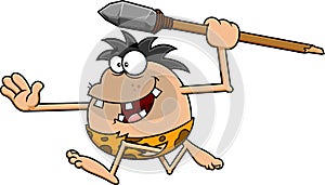 Outlined Happy Caveman Cartoon Character Hunting  With A Spear